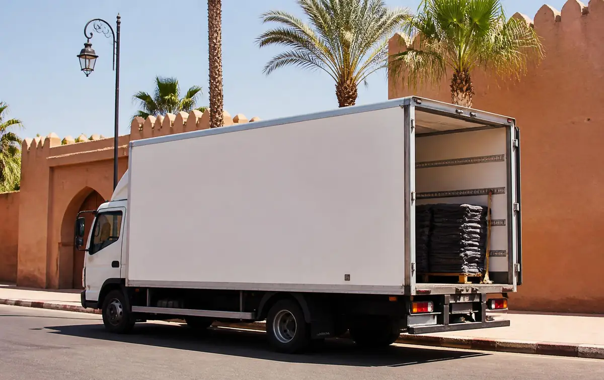 Trans Meubles Maroc furniture transport truck parked on a street in Marrakech